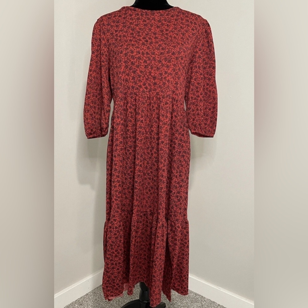 ZARA Red Floral Midi Dress Tiered Boho 3/4 Sleeve Size Large